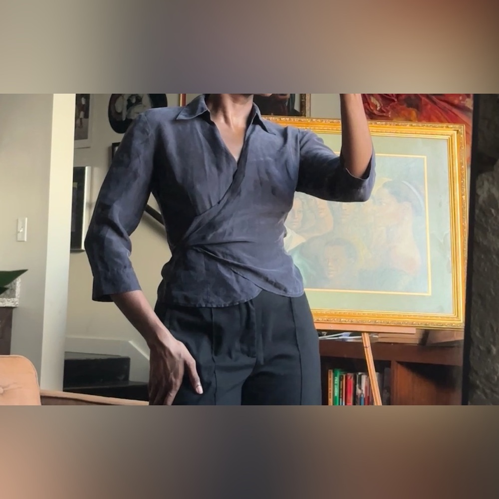 Yves Cosette VTG 100% Silk Charcoal Gray Ballet Wrap Blouse Tie Waist Size 4